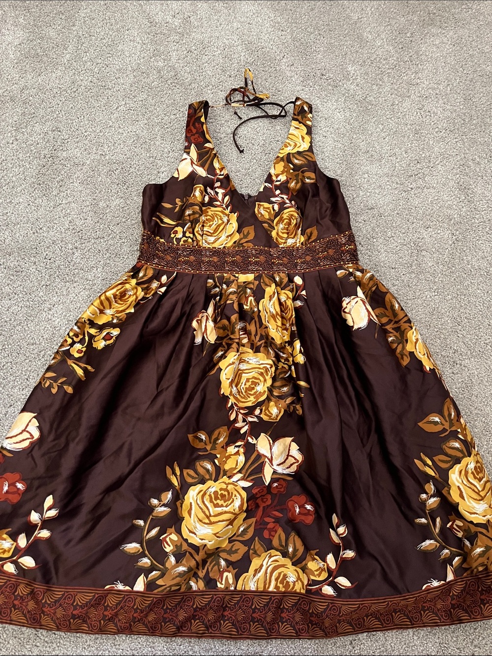 Forever 21 Brown Floral Silky Halter Dress with Yellow Rose Print L